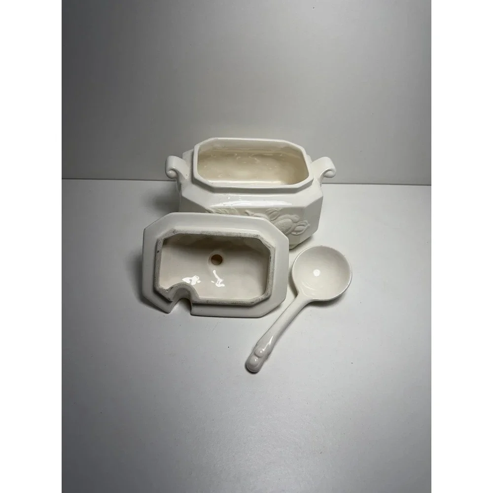 Vintage Glazed Ceramic‎ Tureen Made in Japan • White Fruit Design • Lid & Spoon